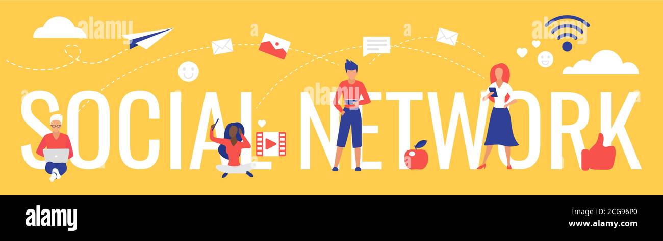 Illustrazione vettoriale con lettere sui social network. Concetto piatto di Cartoon con utenti che utilizzano smartphone, tablet o laptop per il networking, la comunicazione nei social media, background tecnologico su Internet Illustrazione Vettoriale