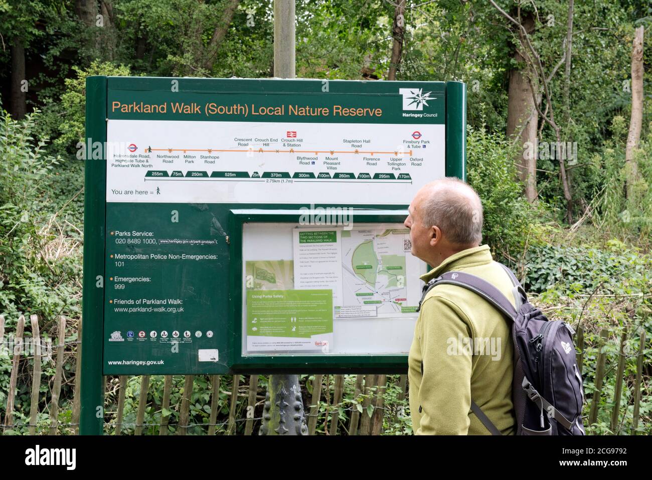 Uomo che guarda la bacheca sulla Parkland Walk, riserva naturale locale, London Borough of Harringey Foto Stock