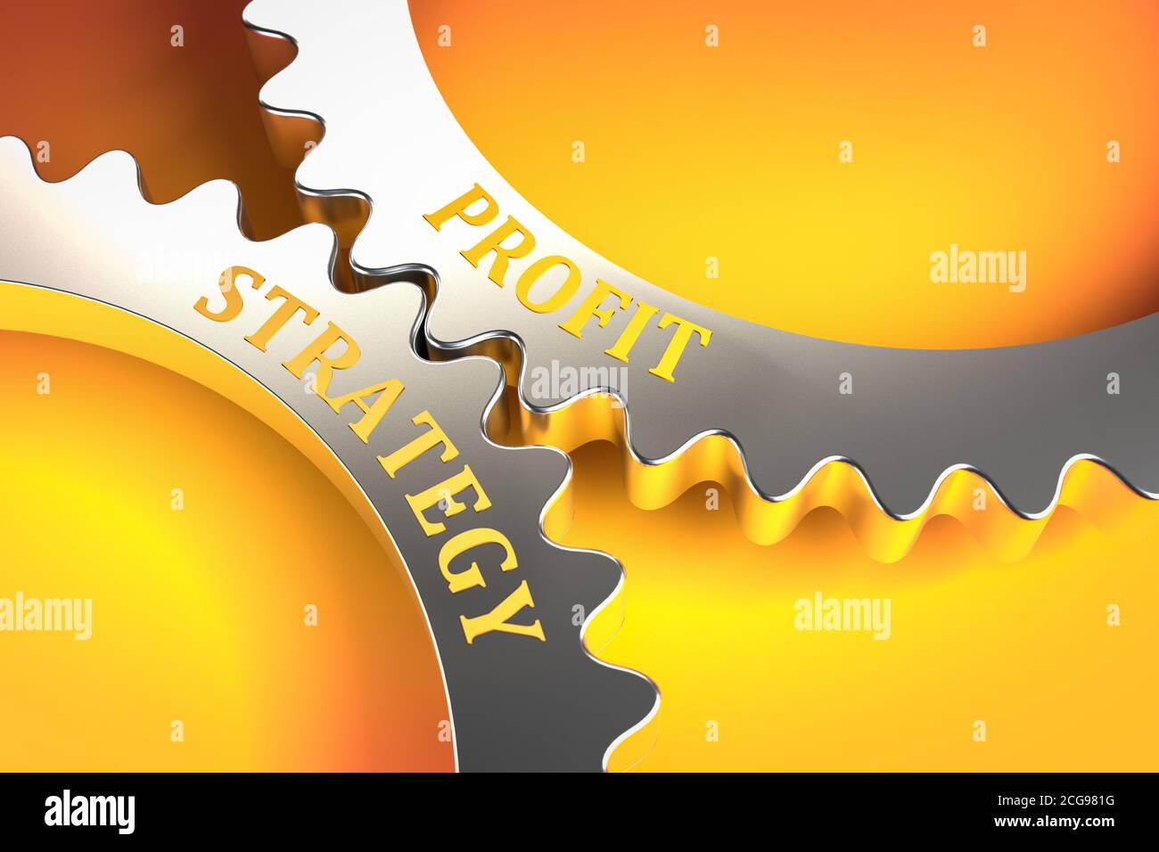 Concetto di business: Profitto strategico. Una buona strategia porta al profitto. Gli ingranaggi si innestano l'uno nell'altro. Metafora. Foto Stock