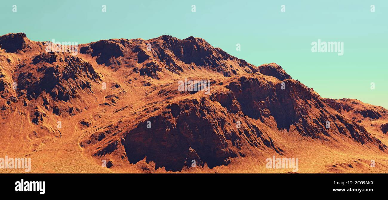 Marte paesaggio, rendering 3d del terreno immaginario Mars pianeta, illustrazione fantascienza. Foto Stock