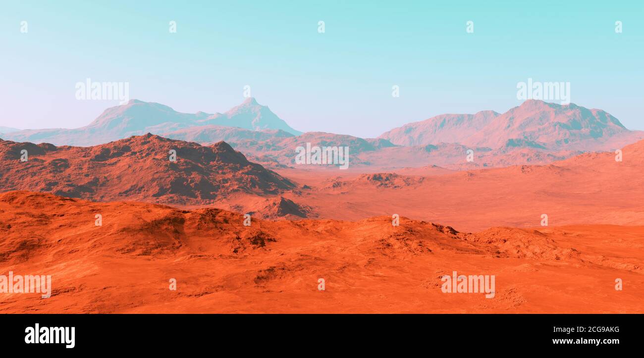 Marte paesaggio, rendering 3d del terreno immaginario Mars pianeta, illustrazione fantascienza. Foto Stock