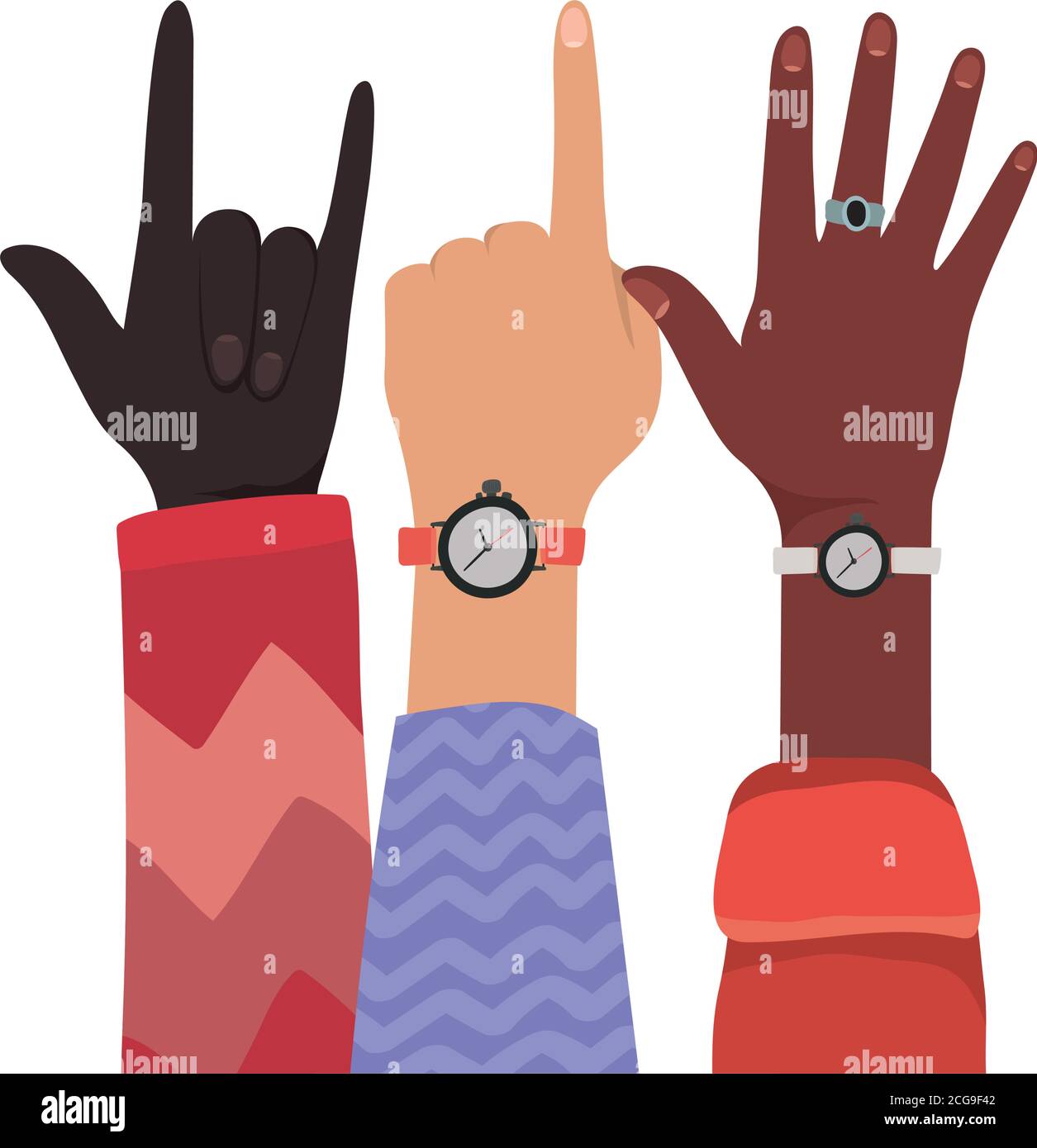 mani con il numero uno e rock segno di diversi tipi di skin disegno vettoriale Illustrazione Vettoriale