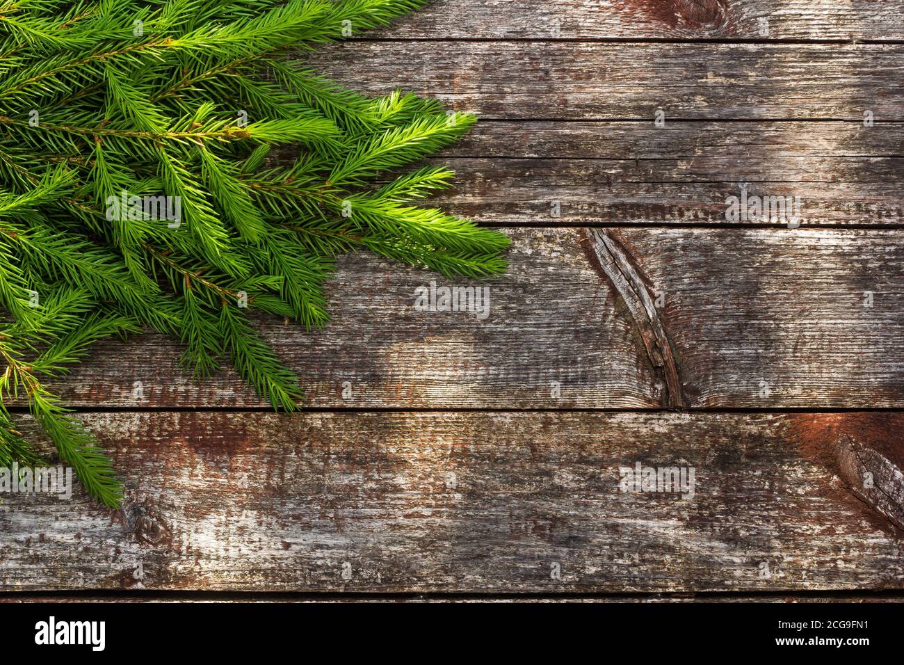 Sfondo di Natale per il biglietto d'auguri. Rami di abete su sfondo di legno. Foto Stock