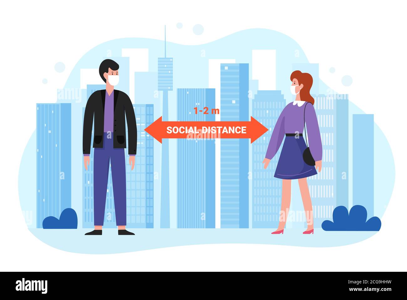 Illustrazione vettoriale infografica della distanza sociale all'aperto. Cartoon uomo donna personaggi in maschere protettive distanziando, a piedi sulla strada della città, protezione della salute durante il virus corona isolato su bianco Illustrazione Vettoriale