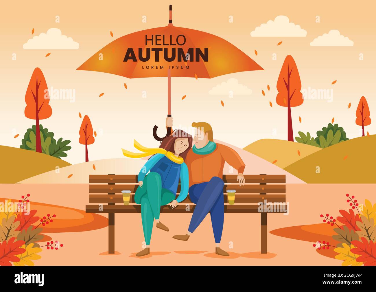 bella coppia seduta sulla panchina. Ciao Autunno Vector illustrazione con bellissimo paesaggio. Illustrazione Vettoriale