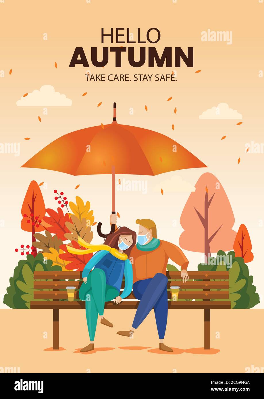 bella coppia seduta sulla panchina. Ciao Autunno illustrazione vettoriale con bellissimo paesaggio. Covid corona virus concetto Illustrazione Vettoriale