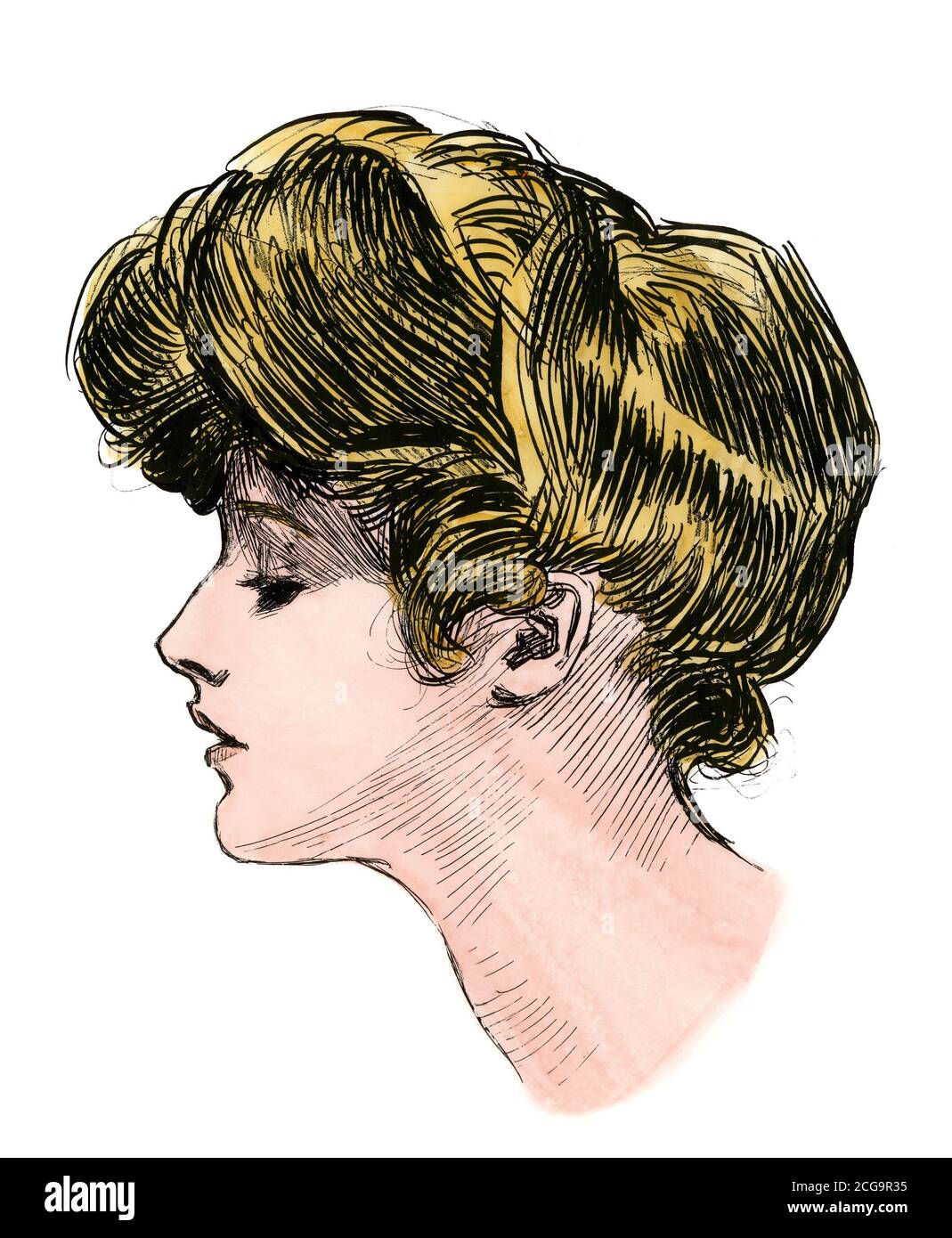 Profilo di una 'Gibson girla', c.. 1900. Taglio in legno colorato a mano di un'immagine di Charles Dana Gibson Foto Stock