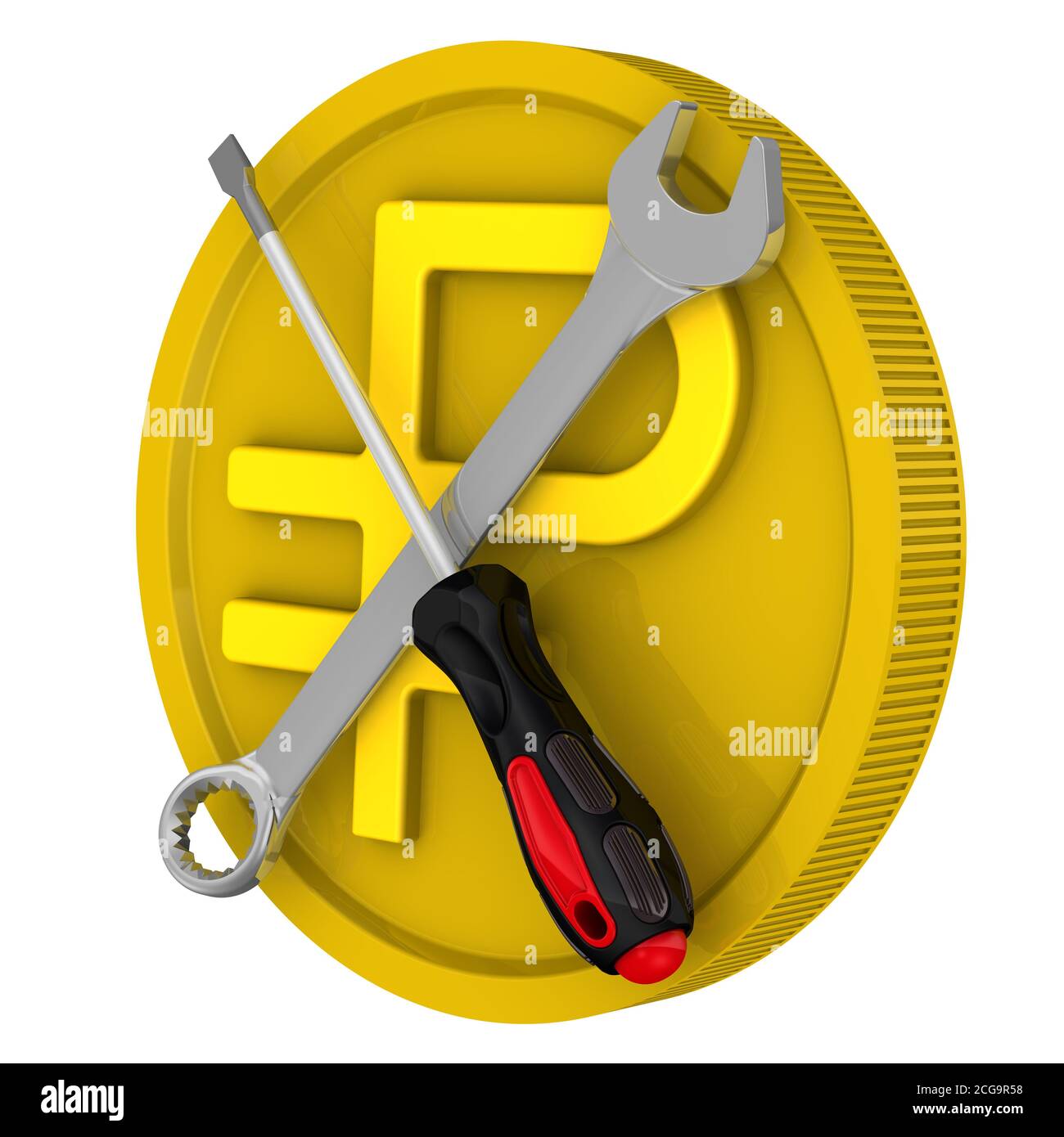 Icona di riparazione a pagamento con moneta rublo russa. Un cacciavite e una chiave su sfondo di monete d'oro con il simbolo del rublo russo. Isolato Foto Stock