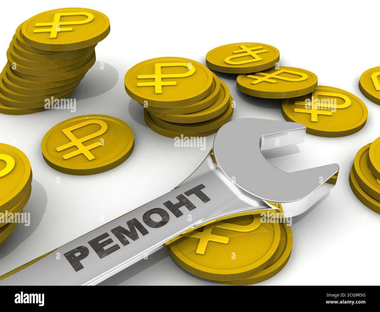 Il costo della riparazione con rubli russi. La chiave con la parola russa RIPARAZIONE si trova circondata da monete d'oro con i simboli del rublo russo Foto Stock