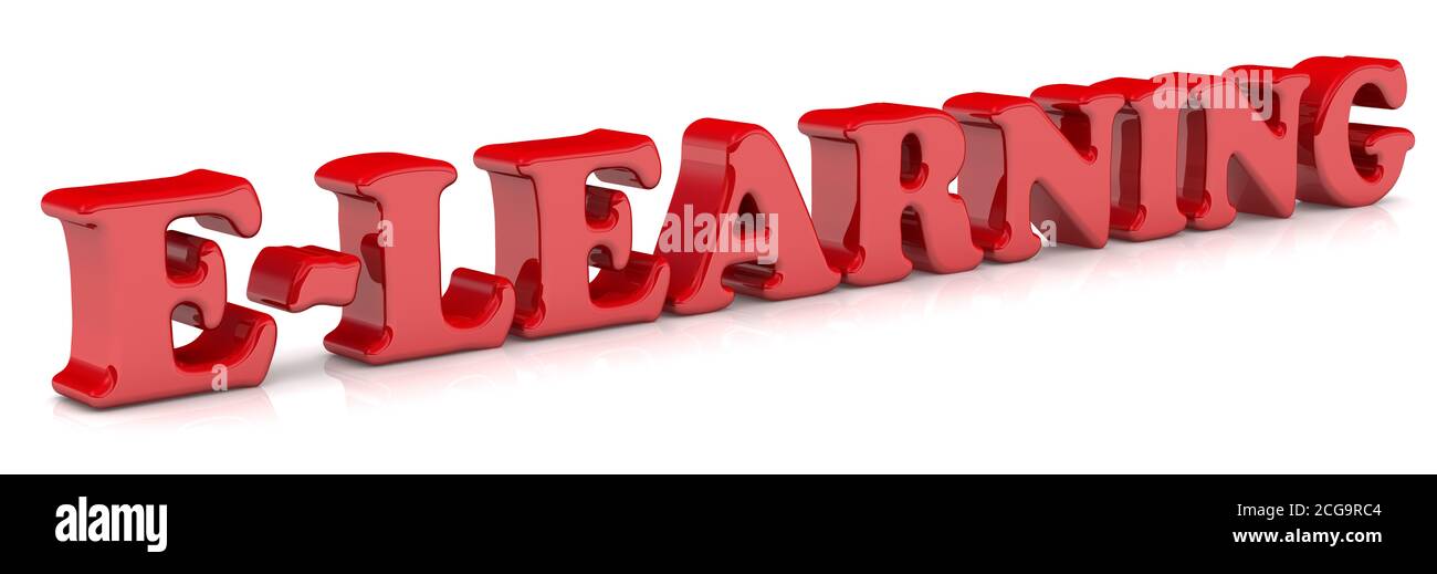 E-learning. Parola rossa e-LEARNING su superficie bianca. Illustrazione 3D Foto Stock