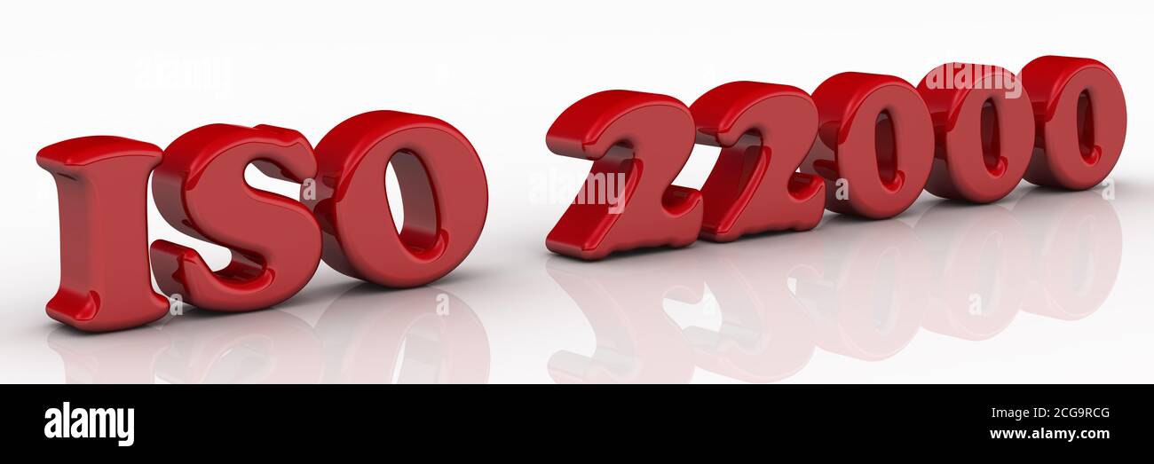 Testo rosso ISO 22000 (ISO 22000 è uno standard sviluppato dall'Organizzazione Internazionale Per la standardizzazione relativa alla sicurezza alimentare) Foto Stock