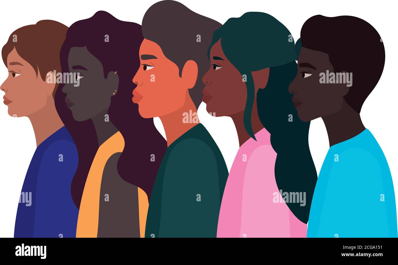 diversità pelli di donne e uomini cartoni animati disegno vettoriale Illustrazione Vettoriale
