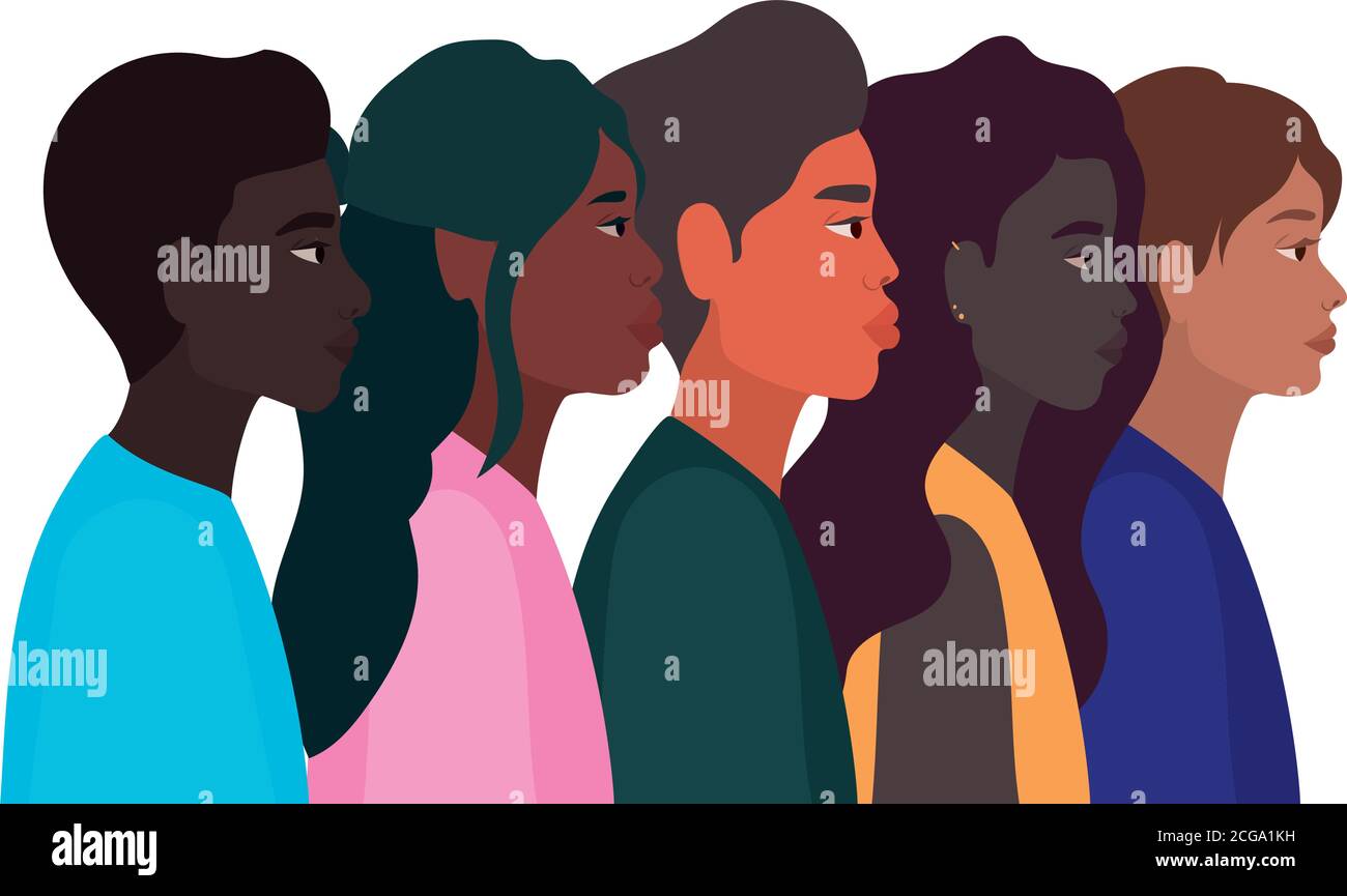 diversità pelli di donne e uomini cartoni animati disegno vettoriale Illustrazione Vettoriale