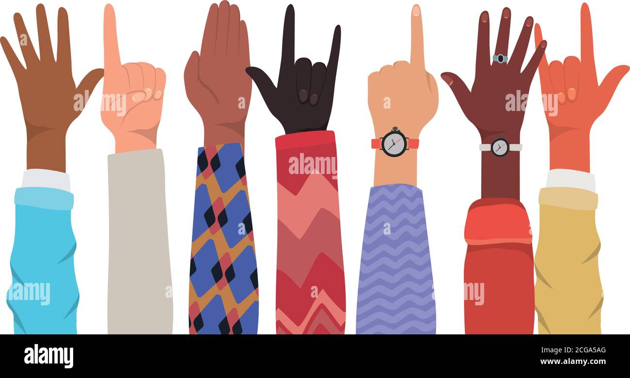 mani con il numero uno e rock segno di diversi tipi di skin disegno vettoriale Illustrazione Vettoriale