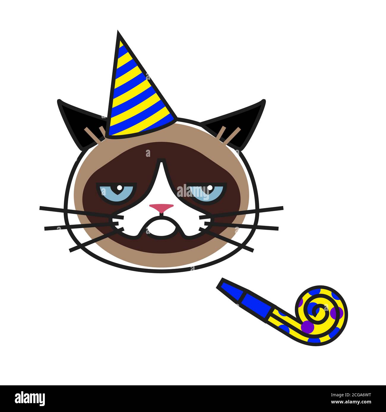 Gatto grumpy in cappello da festa con il ventilatore del clacson della festa Illustrazione Vettoriale
