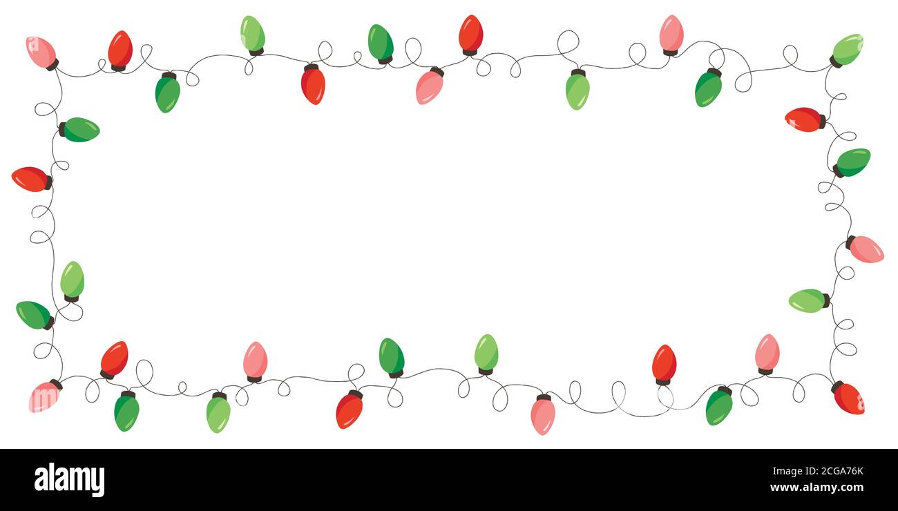 Vector retro Colourful Holiday Natale e Capodanno String Lights Cornice rettangolare isolata su sfondo bianco Illustrazione Vettoriale