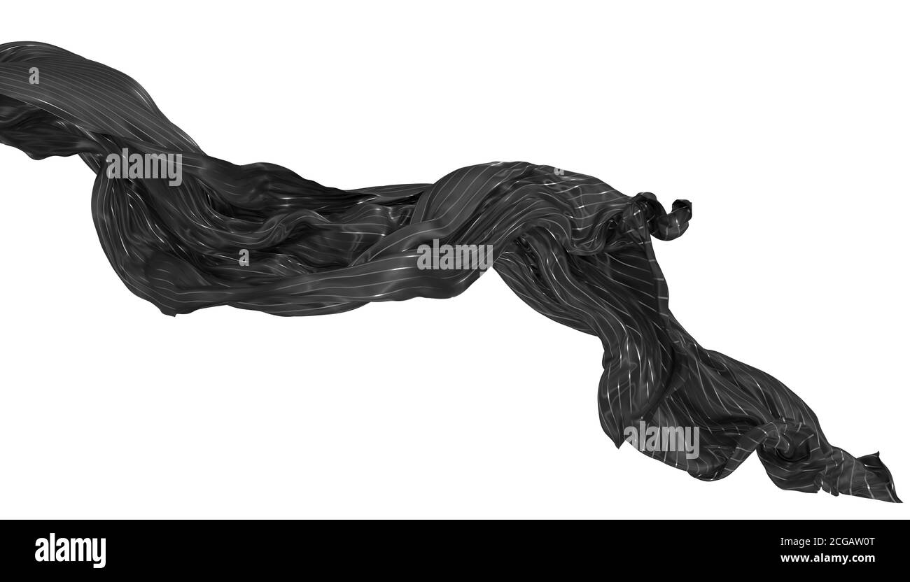 Sfondo astratto di seta nera ondulata o satinata con strisce metalliche. immagine di rendering 3d. Immagine isolata su sfondo bianco. Foto Stock