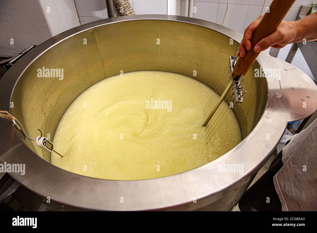 Caseificio mescolando il latte in serbatoi di acciaio inossidabile Foto Stock