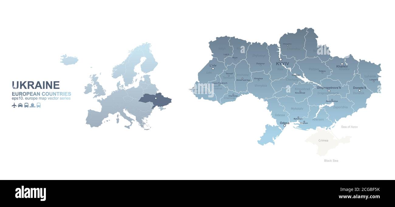 Mappa Ucraina. Mappa vettoriale a gradiente blu dei paesi europei. Illustrazione Vettoriale