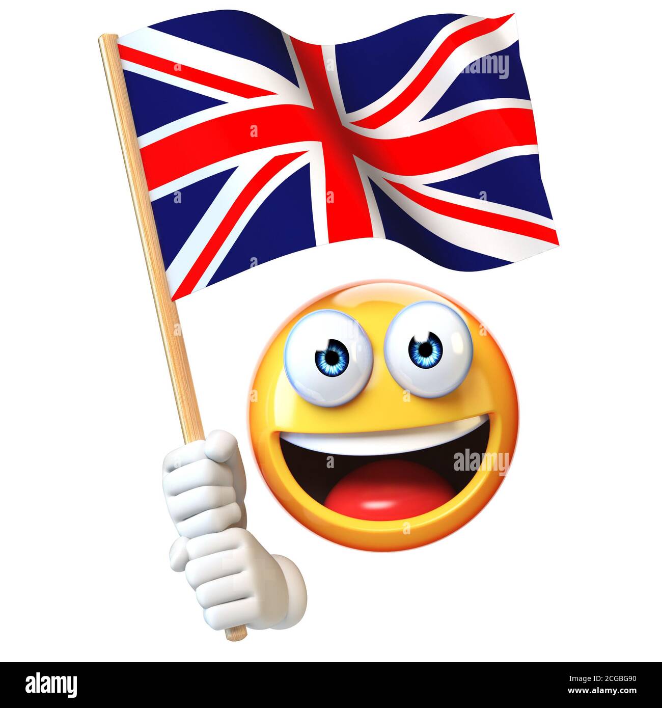 Emoji che detiene la bandiera di Union Jack, emoticon che sventola bandiera nazionale della Gran Bretagna rendering 3d Foto Stock
