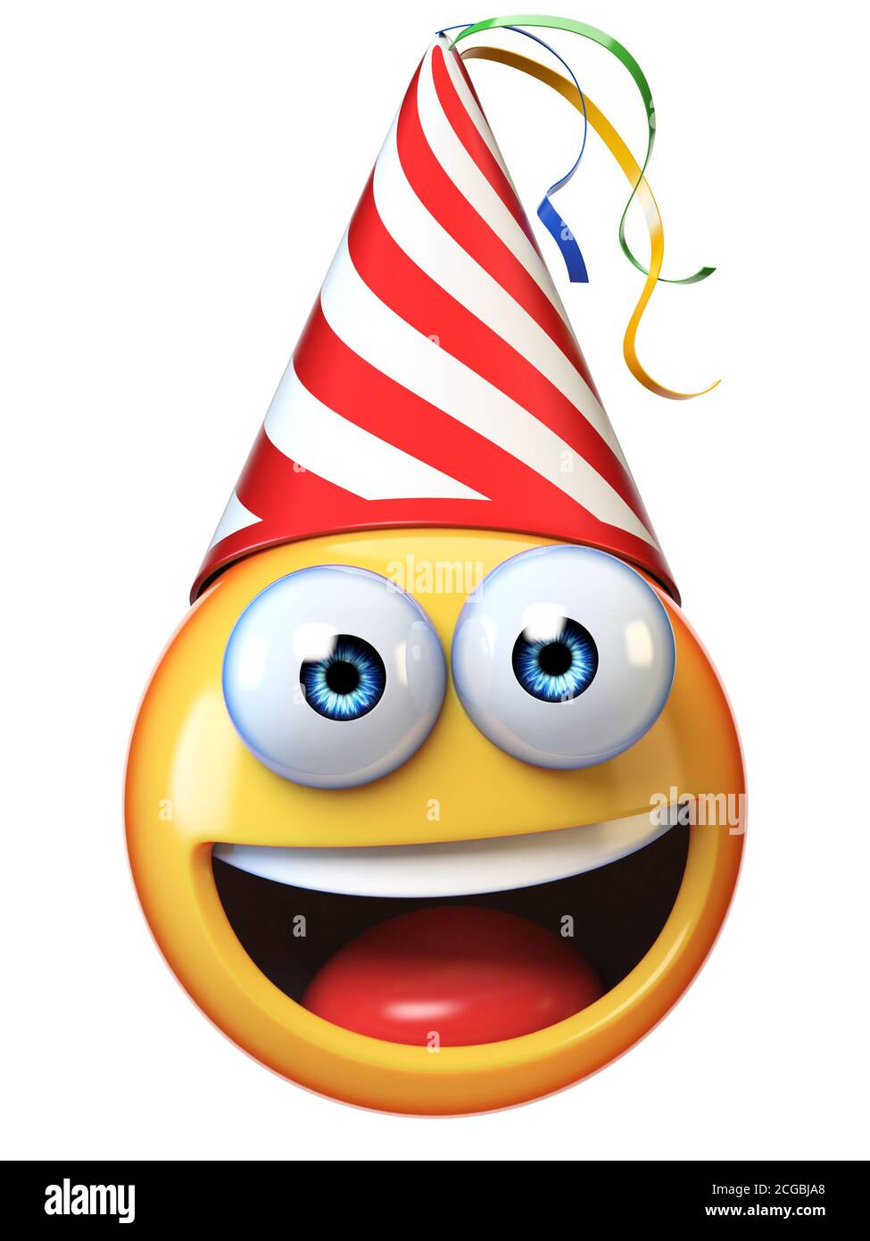 Celebration Emoji isolato su sfondo bianco, emoticon con berretto di compleanno 3d rendering Foto Stock