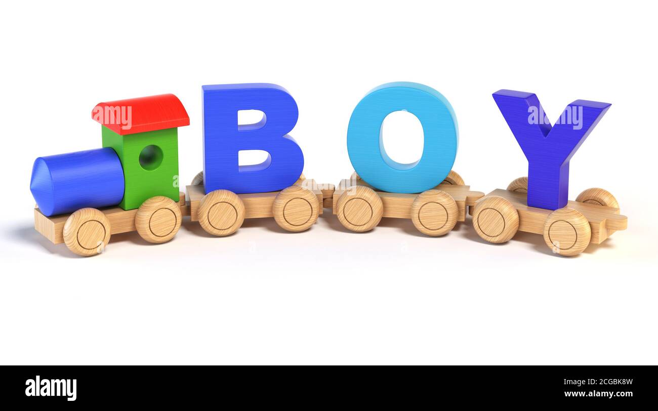 Treno giocattolo in legno con lettere DEL RAGAZZO come vagoni ferroviari 3d rendering Foto Stock