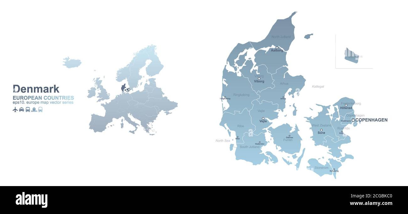 Mappa della Danimarca. Mappa vettoriale a gradiente blu dei paesi europei. Illustrazione Vettoriale