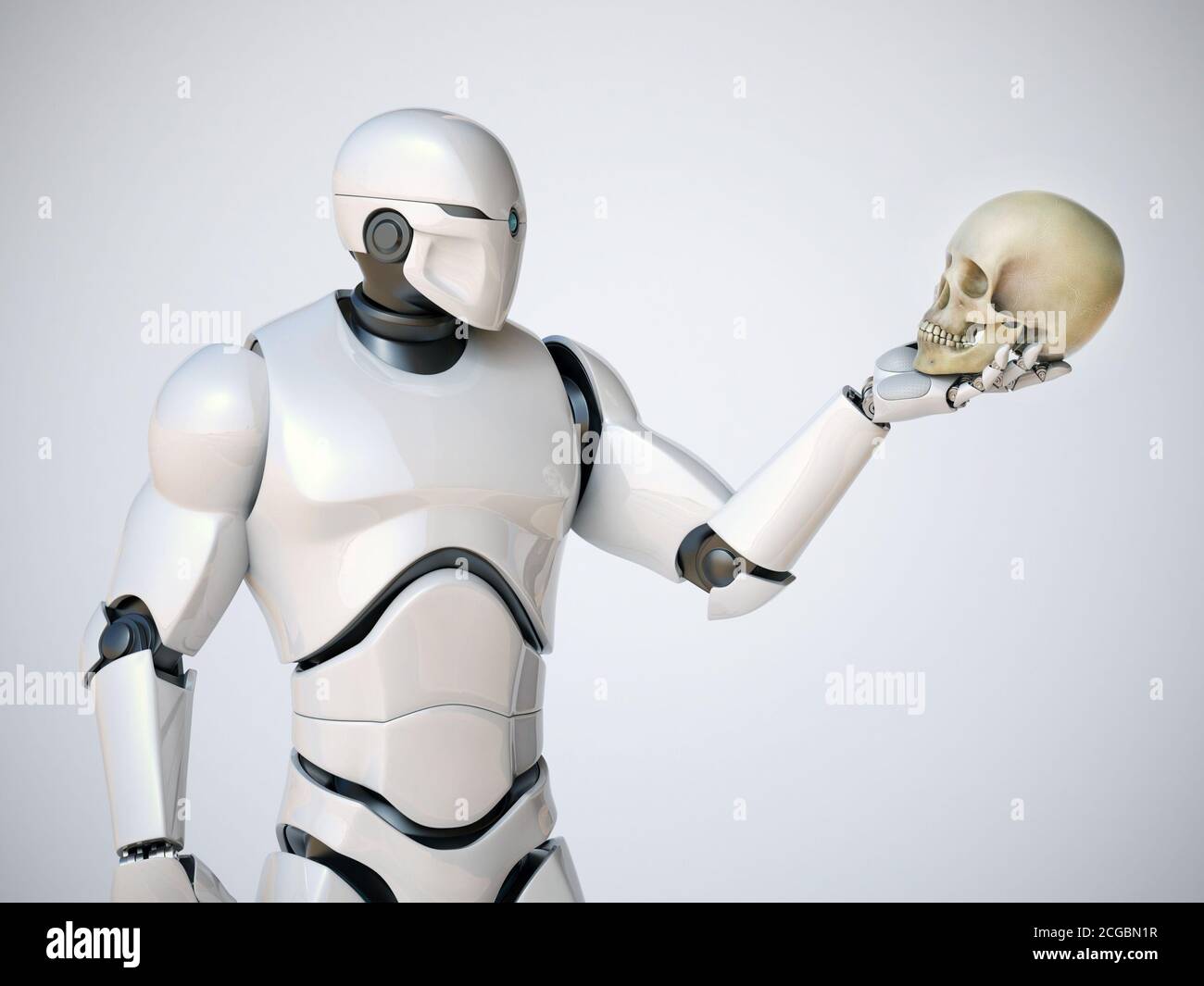 Robot che tiene cranio umano, concetto di acquisizione dell'intelligenza artificiale, automazione, rendering 3d di intelligenza artificiale Foto Stock