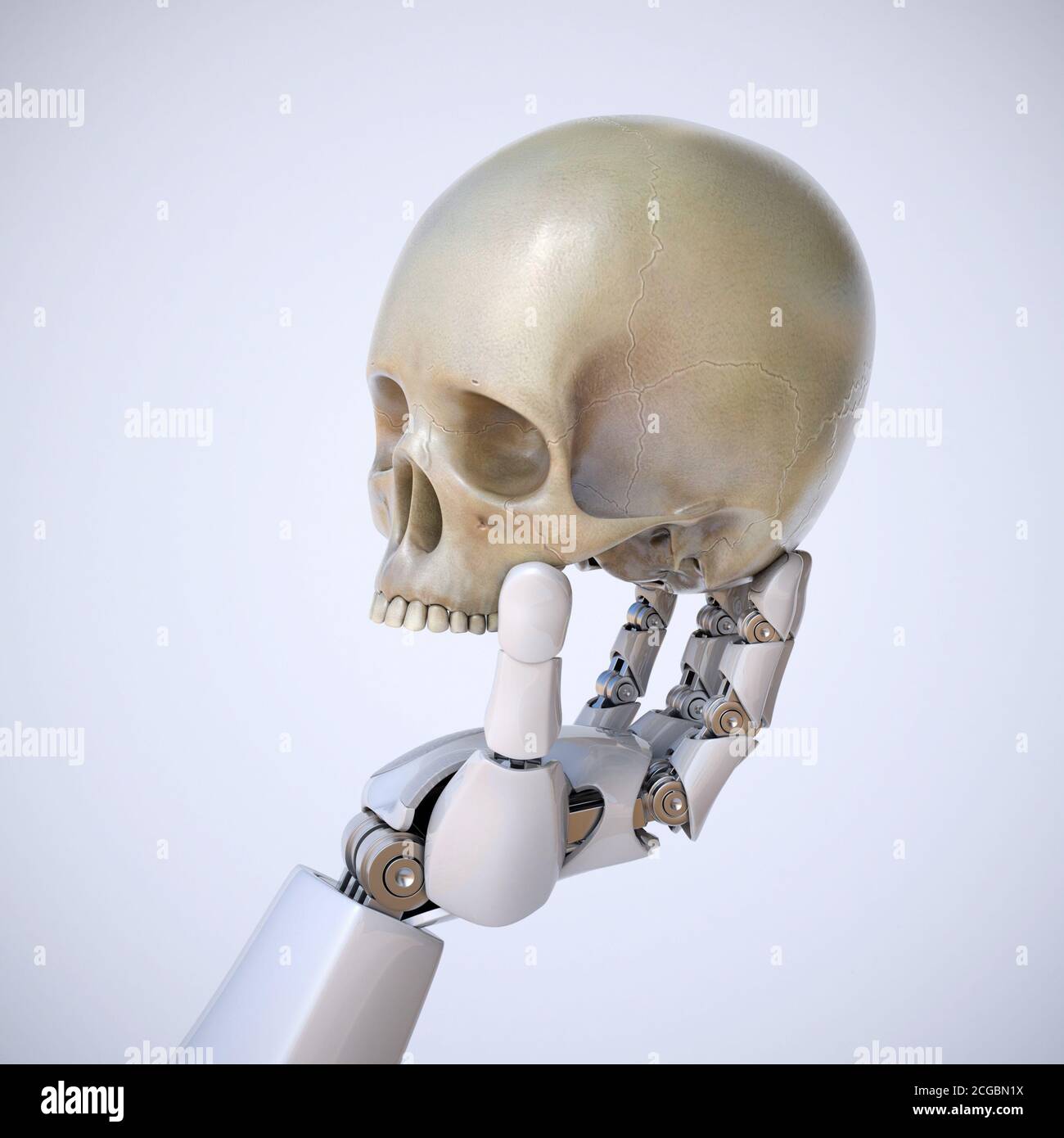 Cranio umano robotico che tiene le mani, concetto di intelligenza artificiale, acquisizione dell'intelligenza artificiale, rendering 3d Foto Stock