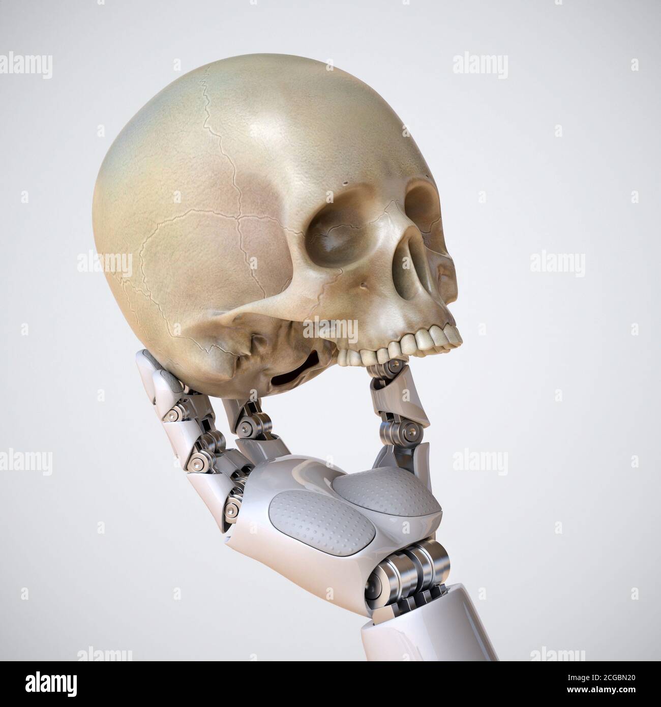 Cranio umano robotico che tiene le mani, concetto di intelligenza artificiale, acquisizione dell'intelligenza artificiale, rendering 3d Foto Stock
