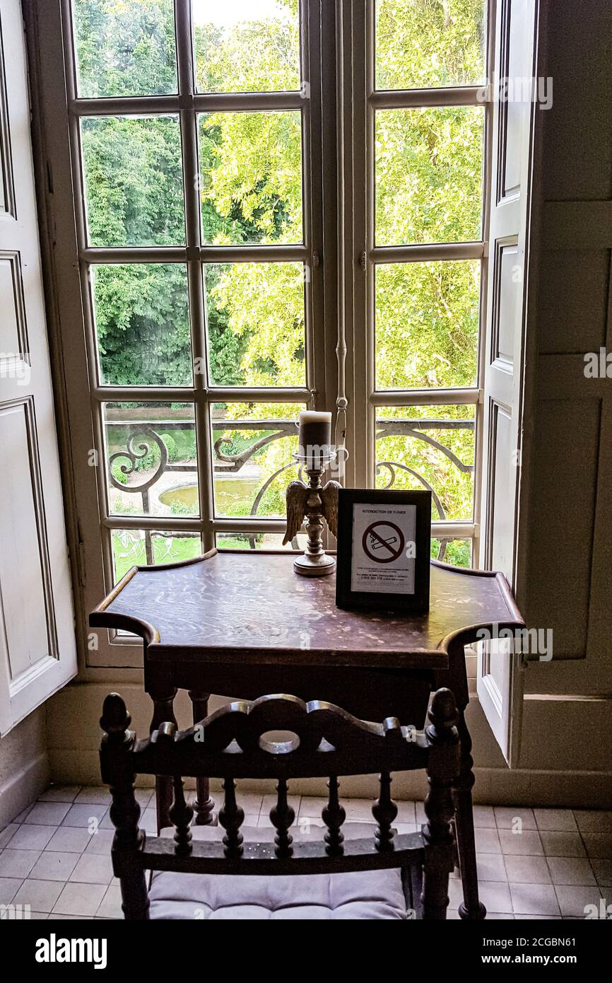 Vista attraverso la finestra con le barre sul parco verde Foto Stock