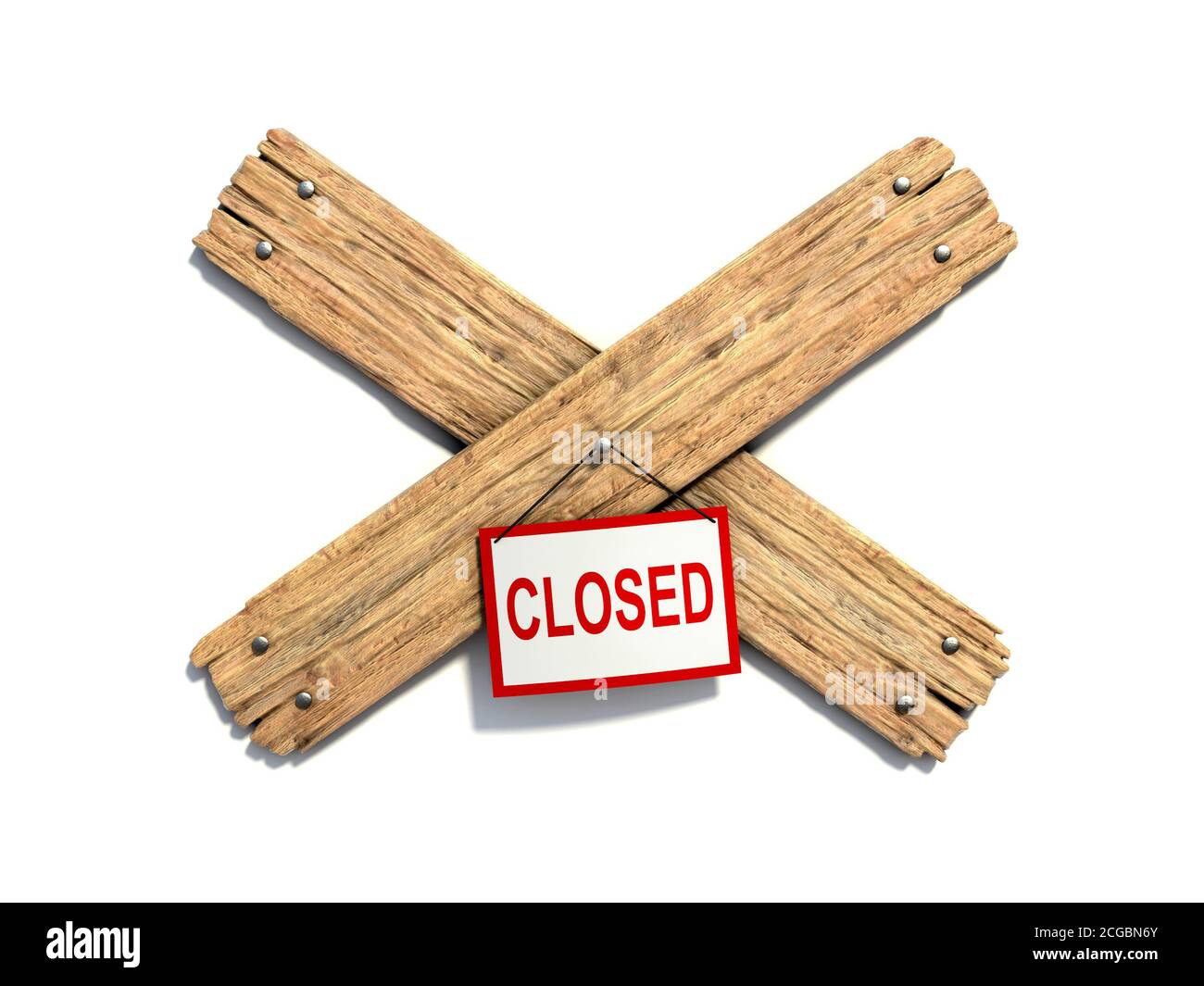Due tavole di legno incrociate inchiodate su sfondo bianco rendering 3d. Cartello fuori servizio, simbolo di ingresso vietato, cartello chiuso Foto Stock