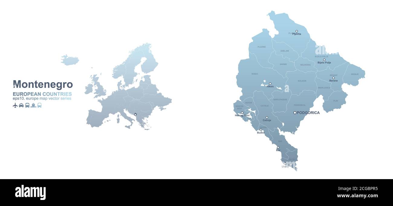 Mappa del Montenegro. Mappa vettoriale a gradiente blu dei paesi europei. Illustrazione Vettoriale
