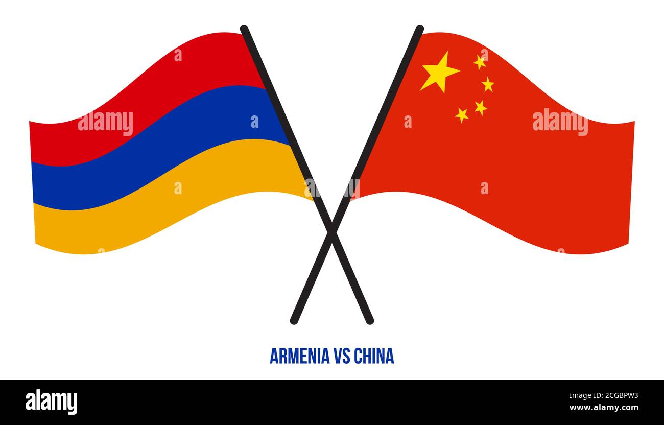 Armenia e China Flags attraversati e ondulati in stile piatto. Proporzione ufficiale. Colori corretti. Illustrazione Vettoriale