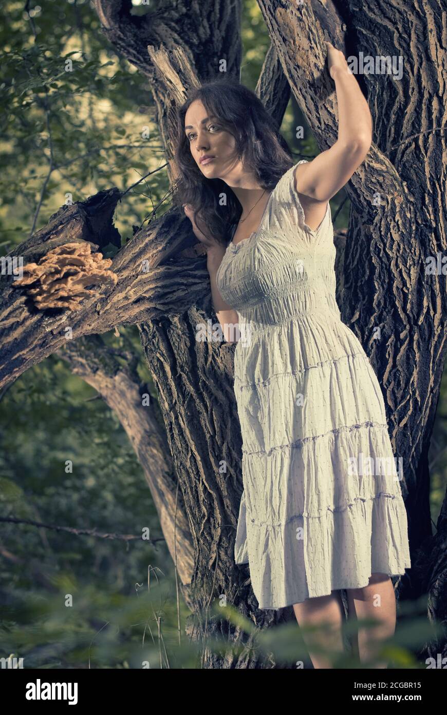 ritratto di giovane donna in abito estivo blu all'interno di alberi forestali Foto Stock