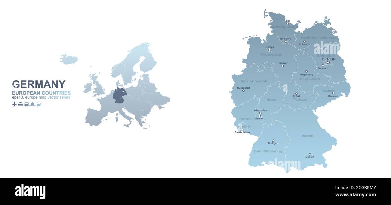 Mappa della Germania. Mappa vettoriale a gradiente blu dei paesi europei. Illustrazione Vettoriale