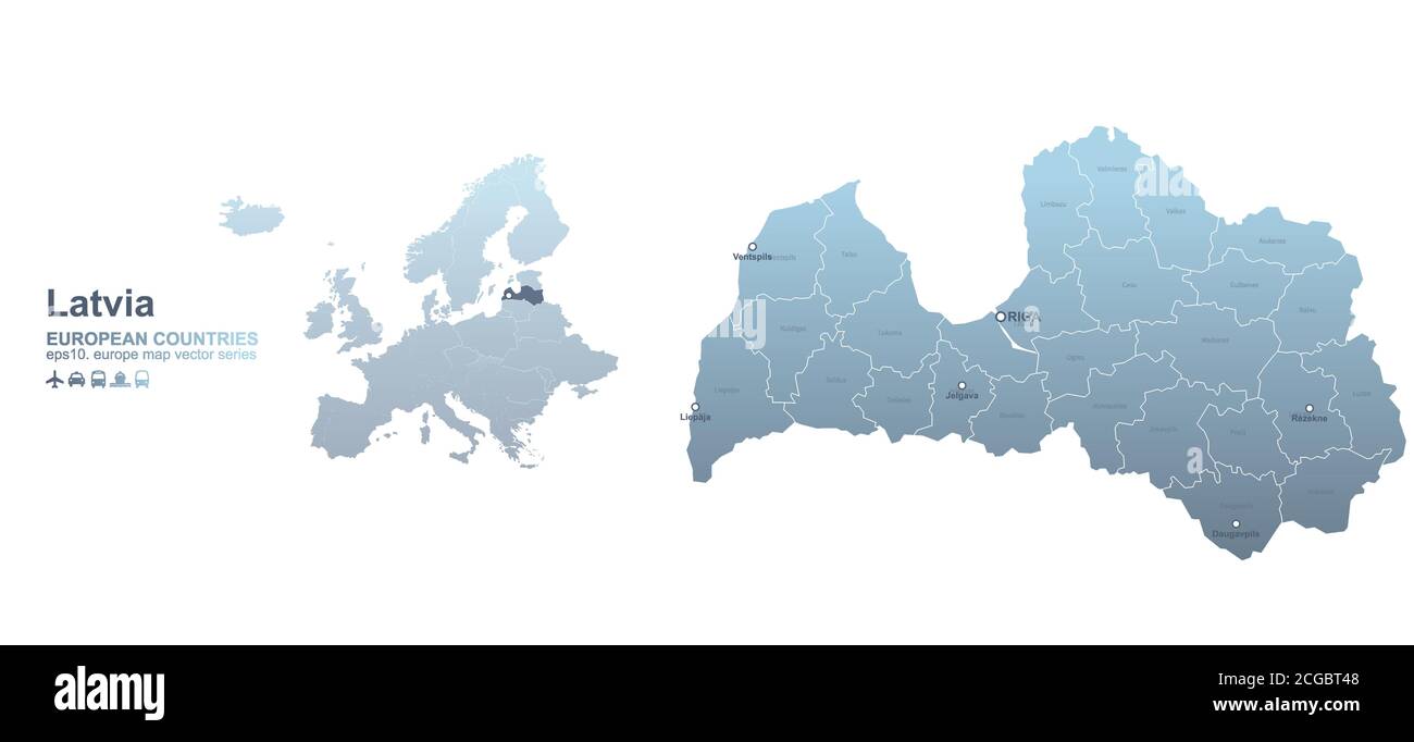 Mappa della Lettonia. Mappa vettoriale a gradiente blu dei paesi europei. Illustrazione Vettoriale