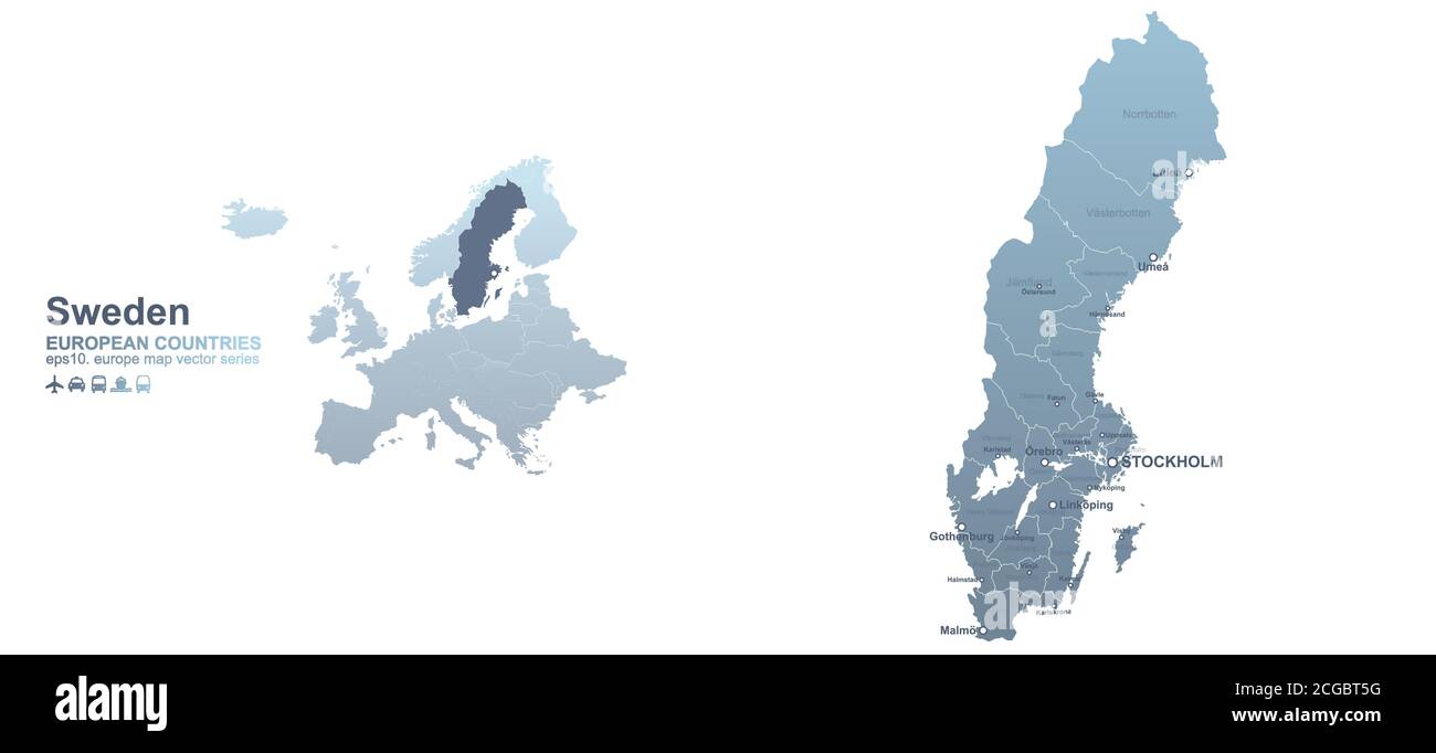 Mappa della Svezia. Mappa vettoriale a gradiente blu dei paesi europei. Illustrazione Vettoriale