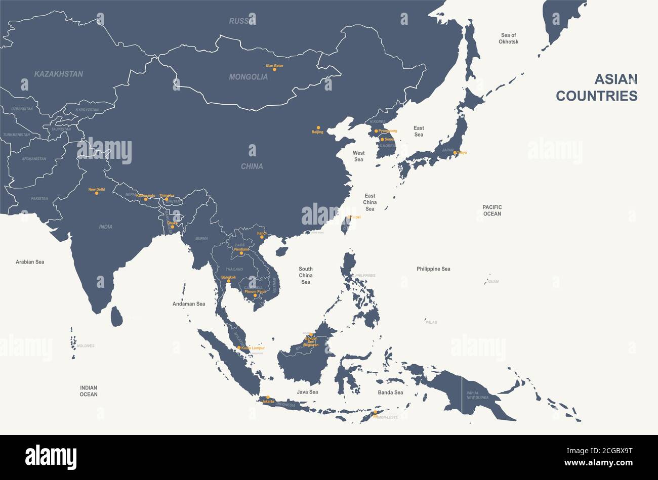 Paesi asiatici denominati mappa vettoriale. Illustrazione Vettoriale