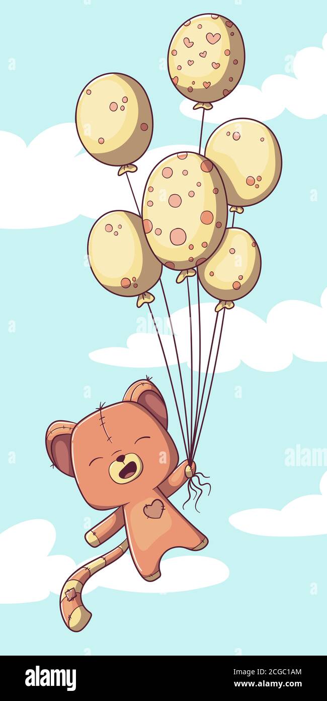 Carino gatto teddy con palloncini. Illustrazione vettoriale disegnata a mano con livelli separati. Illustrazione Vettoriale