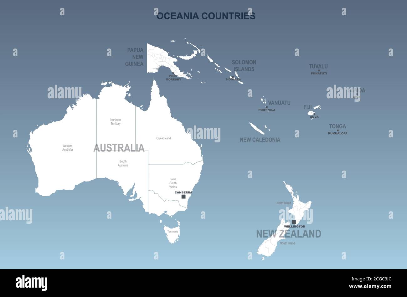Mappa Australia e Nuova Zelanda. Mappa vettoriale dei paesi del pacifico meridionale. Illustrazione Vettoriale