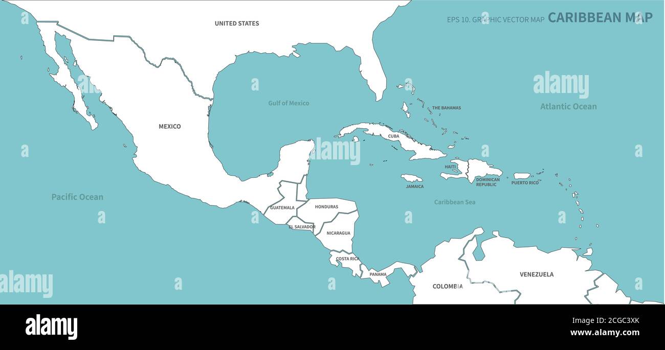 Paesi caraibici denominati mappa vettoriale. Illustrazione Vettoriale