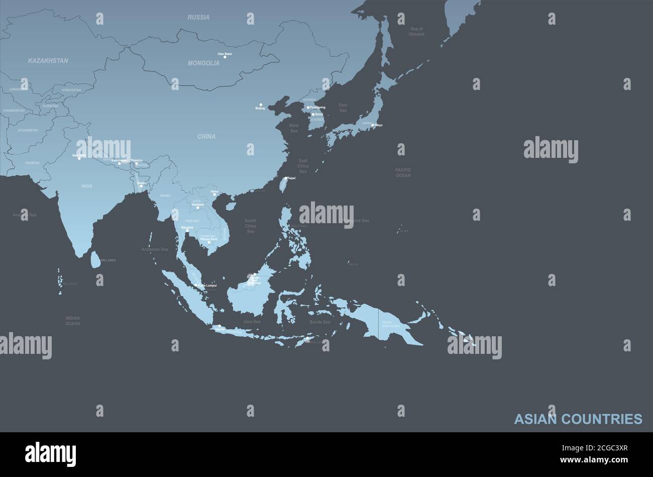 Paesi asiatici denominati mappa vettoriale. Illustrazione Vettoriale