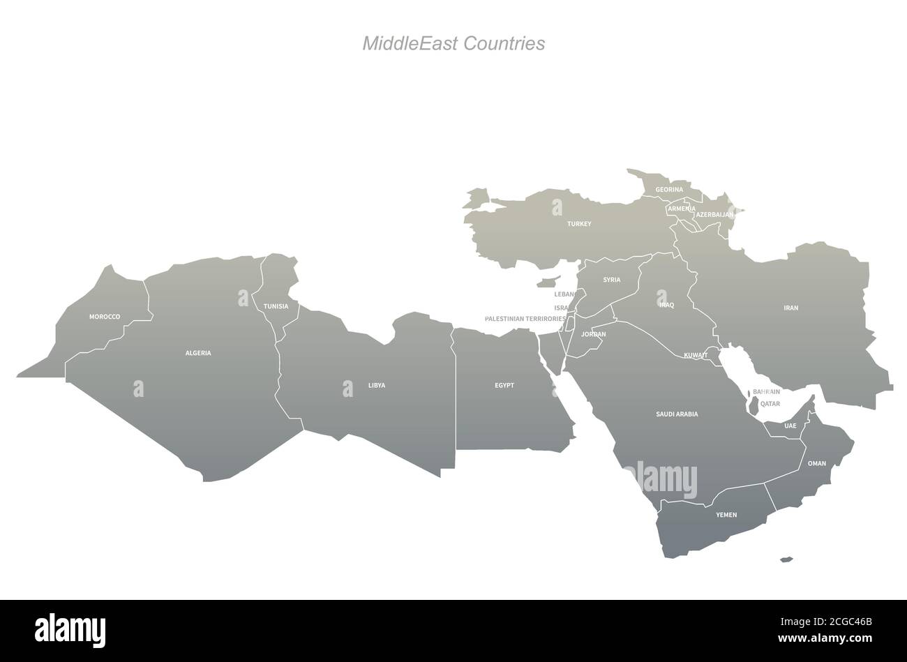 Paesi del Medio Oriente denominati mappa vettoriale. Illustrazione Vettoriale