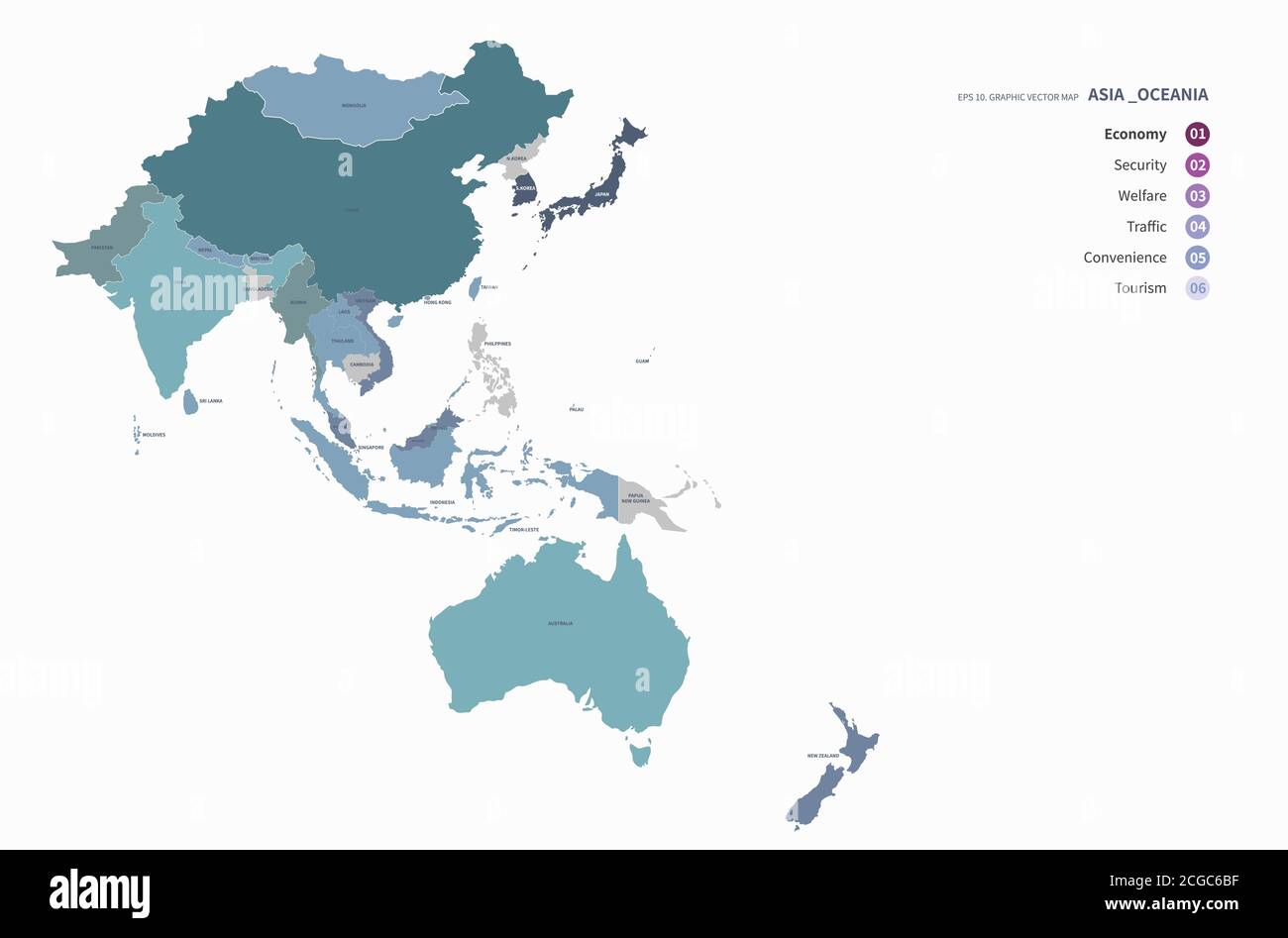 Paesi asiatici denominati mappa vettoriale. Illustrazione Vettoriale