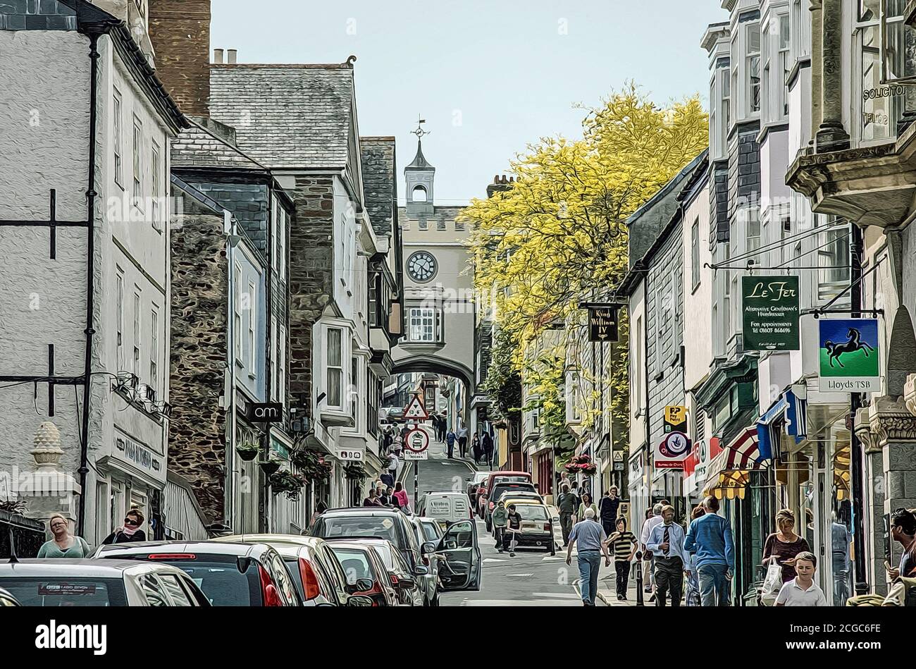 Foto illustrazione sul parcheggio di strada a Fore Street Totnes, l'attraente torre dell'orologio Eastgate sulla collina. 2010; Foto Stock