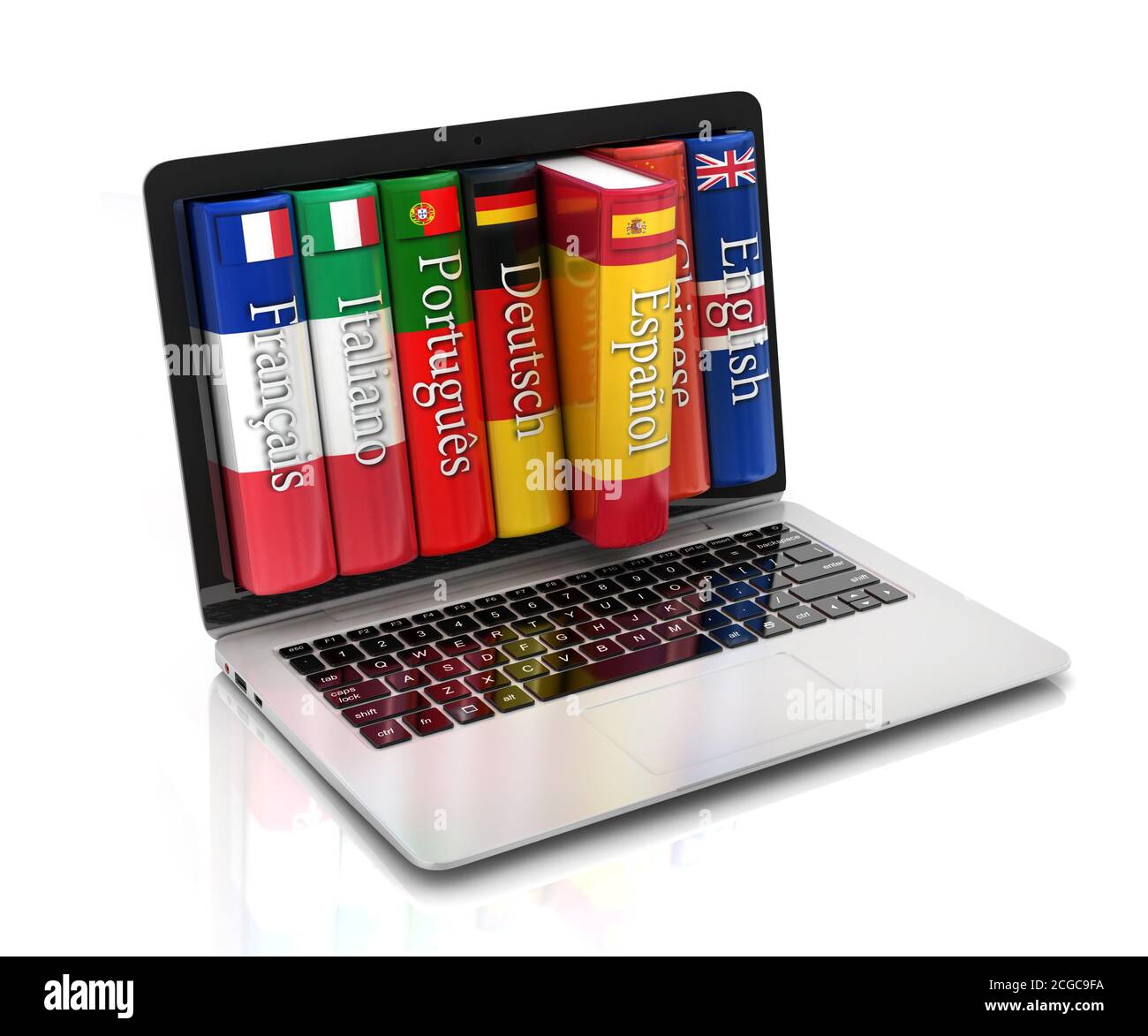 e-learning - apprendimento di linguaggi online concept, laptop con rendering 3d libri Foto Stock