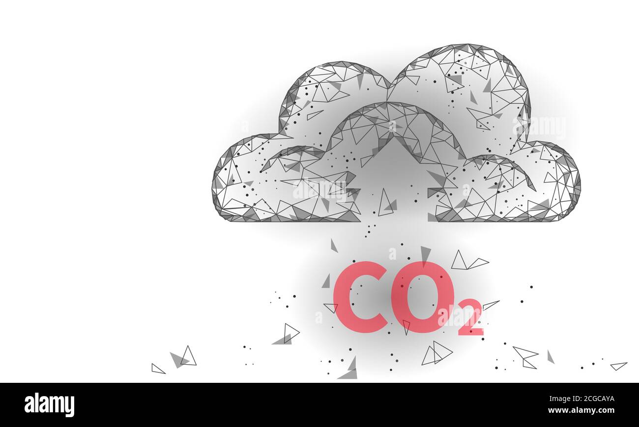 Anidride carbonica CO2 problema ecologico concetto ecologico. Rendering 3D a gas organico rinnovabile. Scienza biocarburante chimica biotecnologia poligonale serra climatica Illustrazione Vettoriale