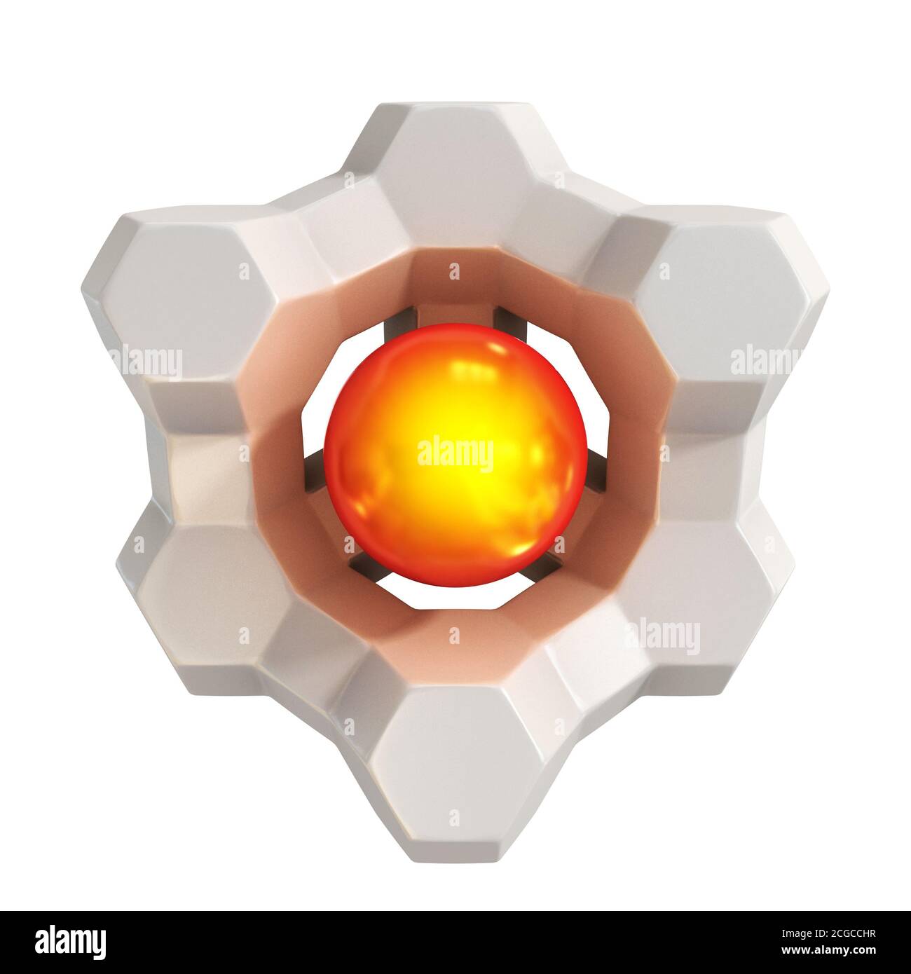 forma 3d astratta - nucleo caldo rosso con shell geometrico Foto Stock