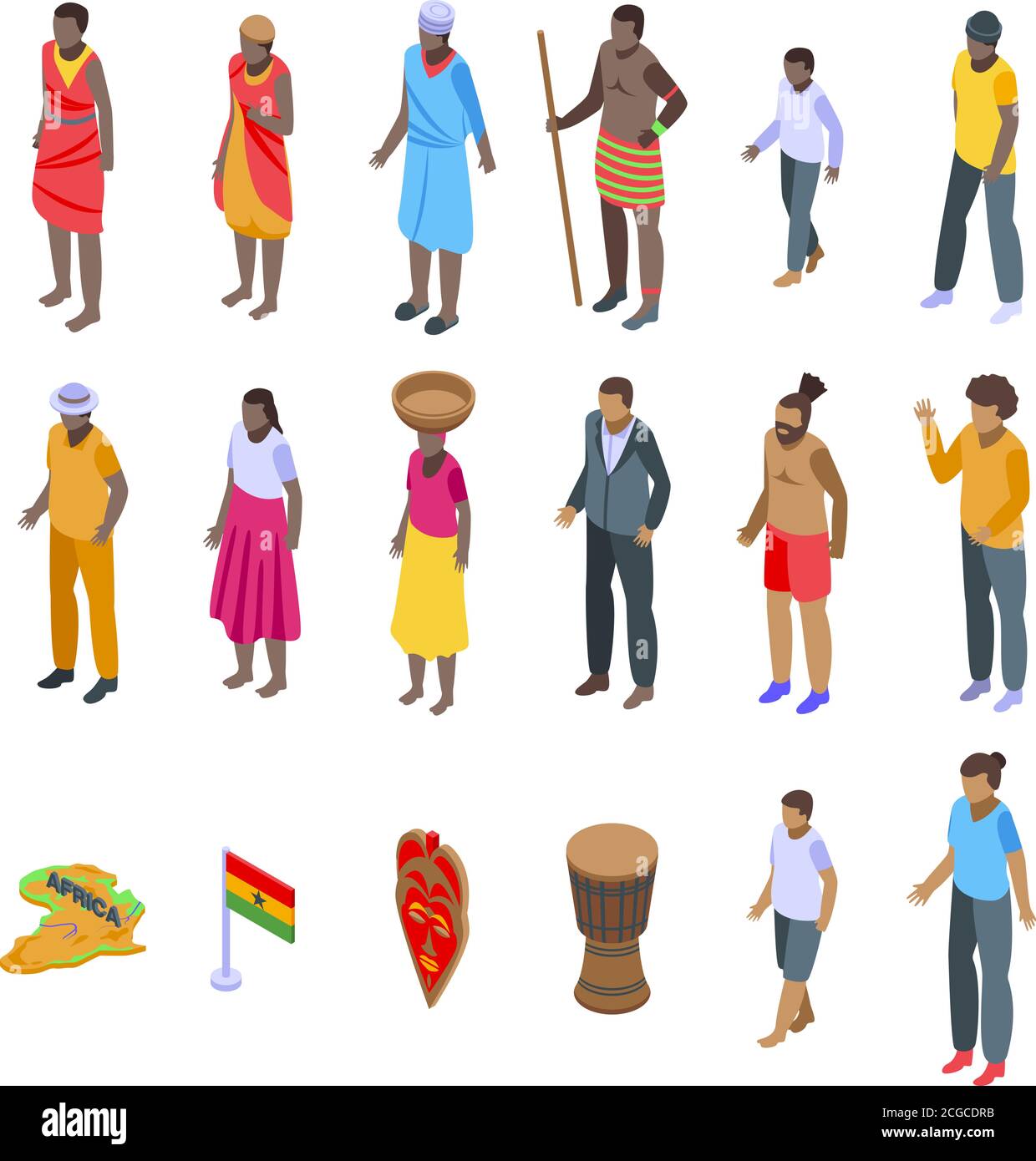 Set di icone della gente africana, stile isometrico Illustrazione Vettoriale